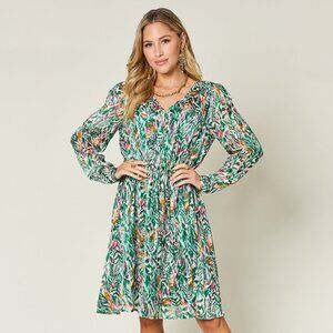 Double Take Full Size Printed Drawstring Waist Long Sleeve Dress